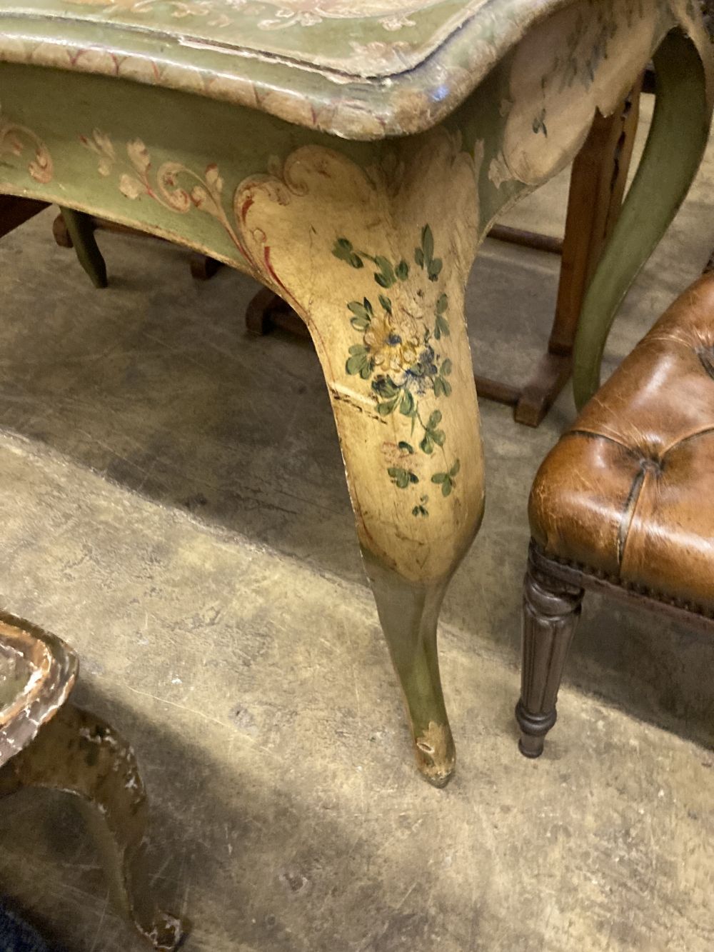 An early 20th century Venetian style rectangular floral painted serpentine table with similar triple dressing table and a low occasiona